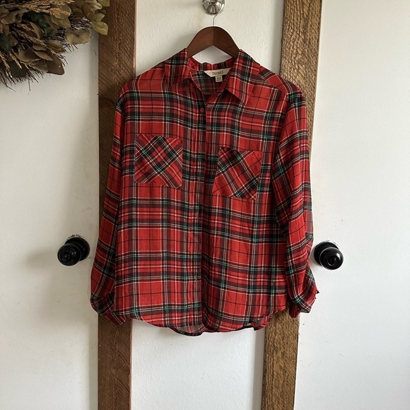 Y2K Decree Plaid Blouse Semi-Sheer Red Teal Yellow Button Front Women’s Medium - Picture 3 of 16